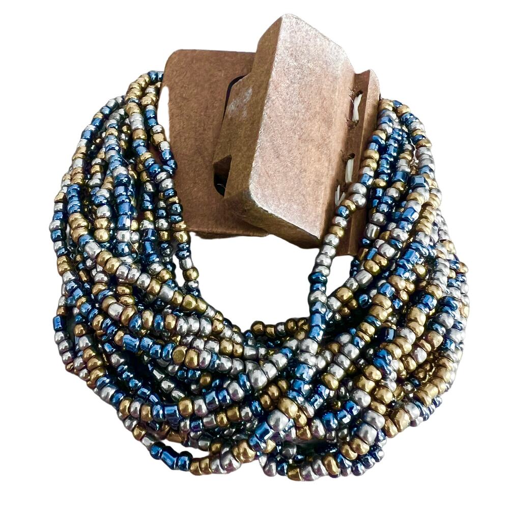 Multicolor twist seed bead multistrand chunky wood clasp funky stretch bracelet
